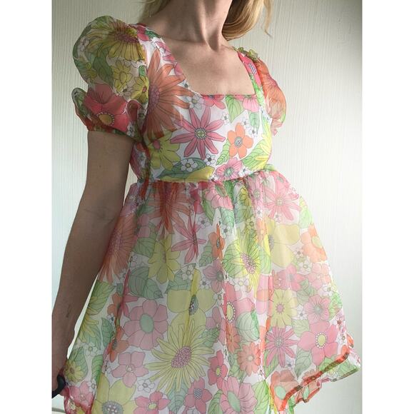 NISSA NEW YORK Sheer Floral Puff Sleeve Babydoll Dress US SMALL - Picture 7 of 14
